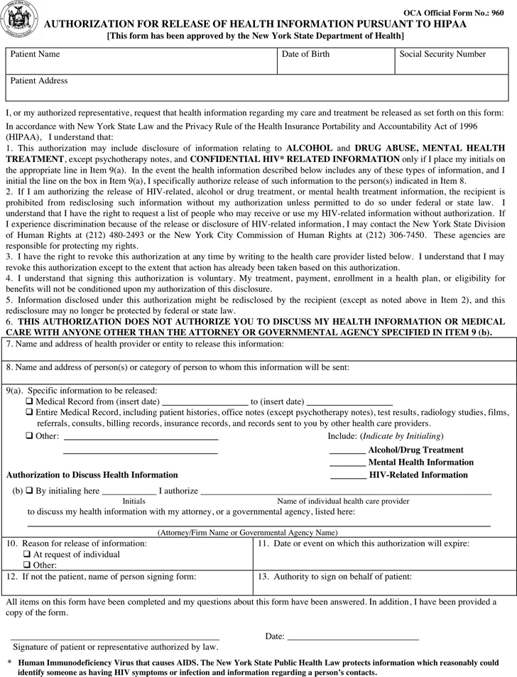 New York Health Information Release Form