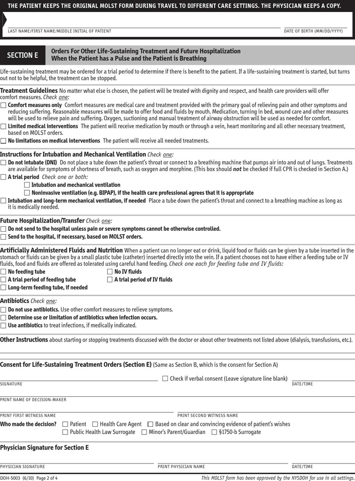 New York Medical Orders For Life-Sustaining Treatment (MOLST) Form Page 2