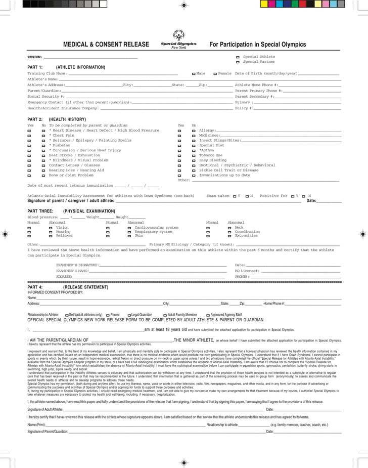Free New York Medical Release Form For Participation in Special
