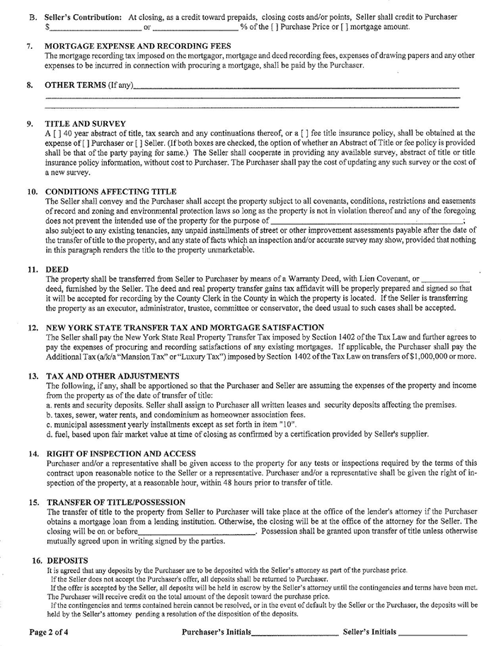 New York Offer To Purchase Real Estate Form Page 2