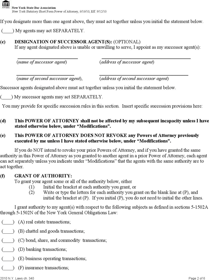 New York Statutory Power of Attorney Form Page 2