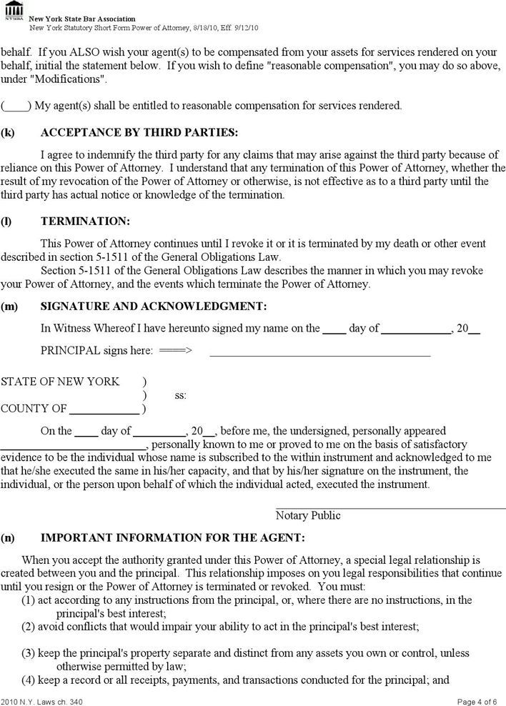 New York Statutory Power of Attorney Form Page 4