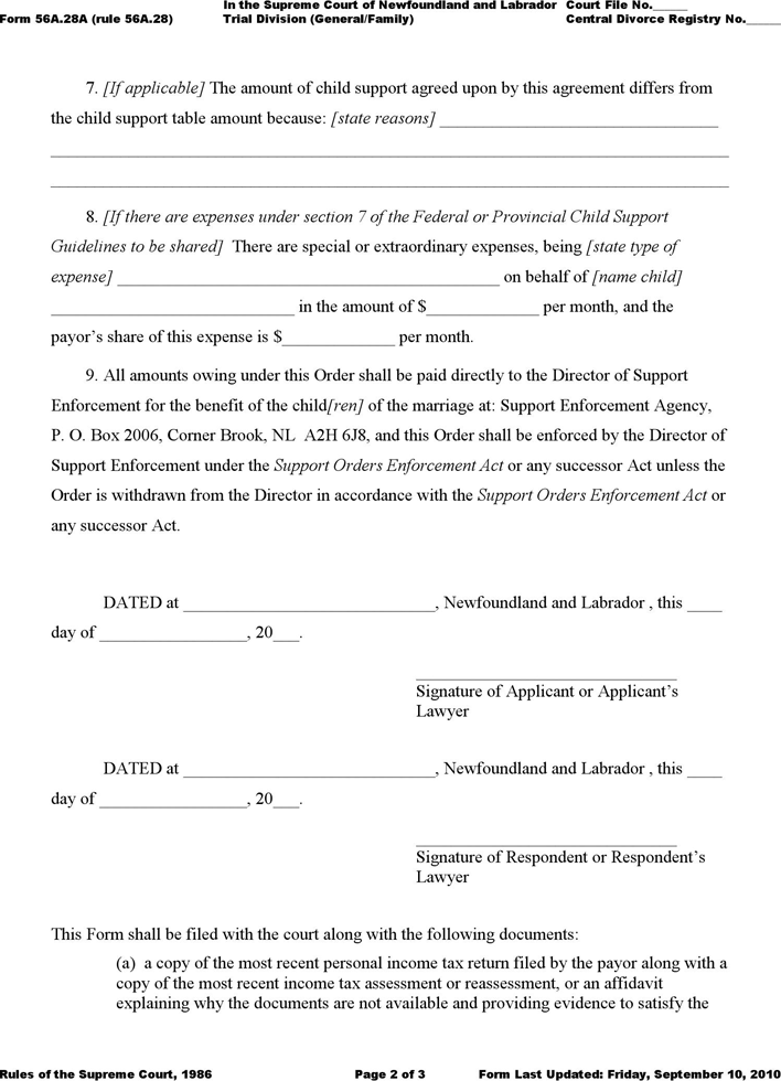 Newfoundland and Labrador Agreement to Child Support Form Page 2