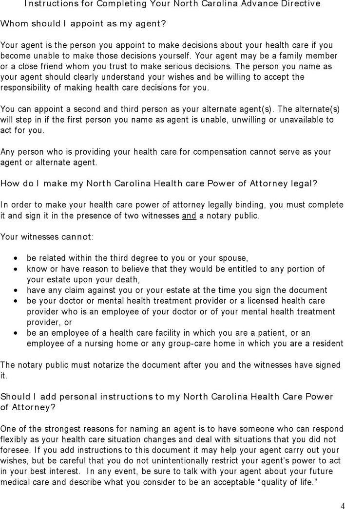 North Carolina Advance Health Care Directive Form Page 4