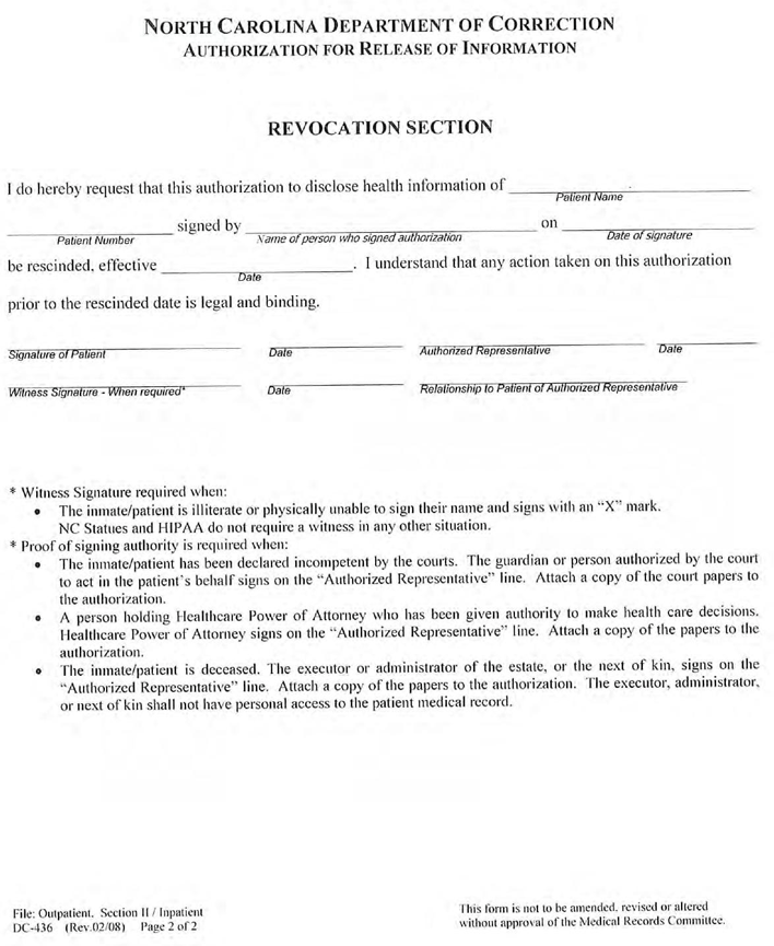 North Carolina Medical Records Release Form 1 Page 2