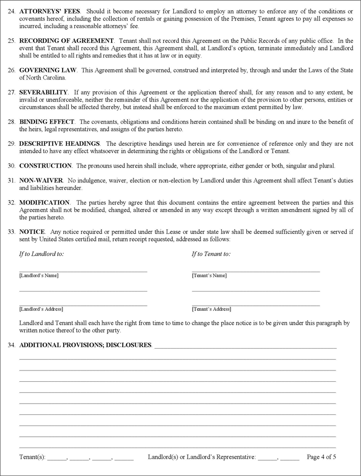 North Carolina Residential Lease Agreement Template Page 4