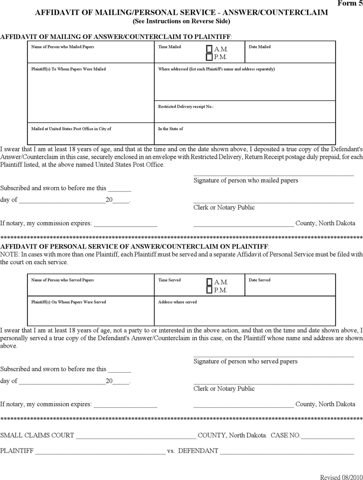 North Dakota Affidavit of Mailing/Personal Service - Answer/Counterclaim Form