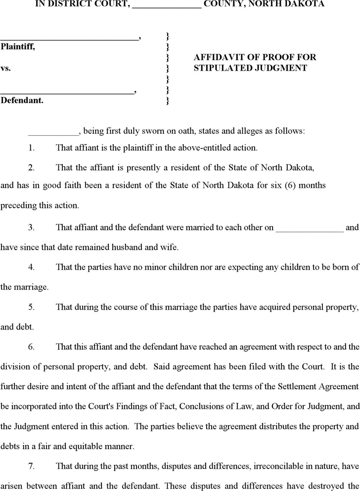 North Dakota Affidavit of Proof for Stipulated Judgment Form