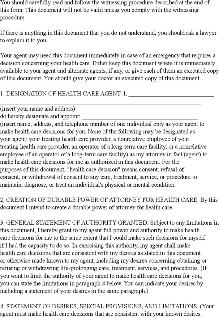 North Dakota Health Care Power of Attorney Form Page 2