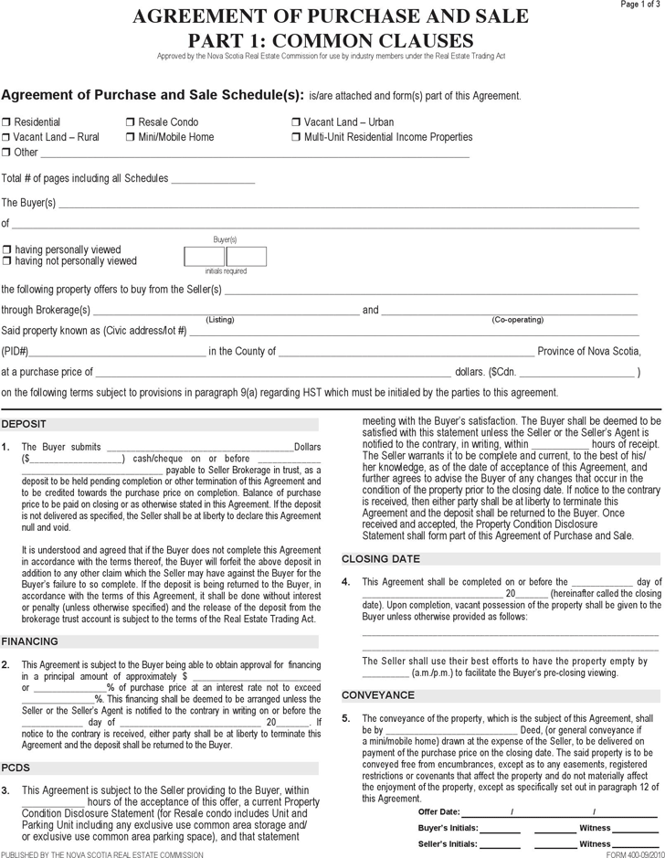 Nova Scotia Agreement of Purchase and Sale Form
