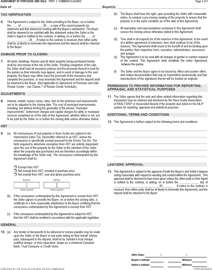 Nova Scotia Agreement of Purchase and Sale Form Page 2