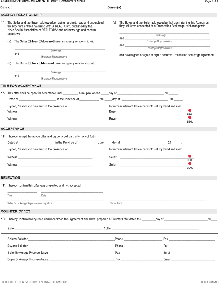 Nova Scotia Agreement of Purchase and Sale Form Page 3