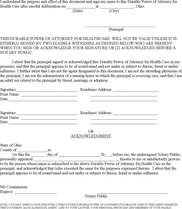 Ohio Health Care Power of Attorney Form 1 Page 3
