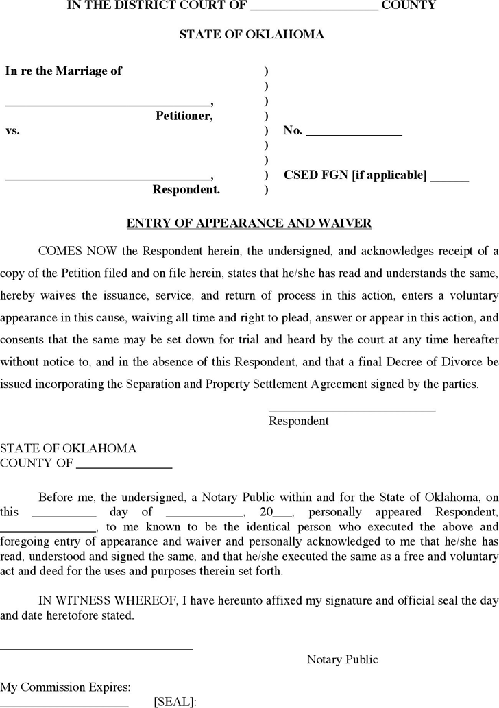Oklahoma Entry of Appearance and Waiver Form