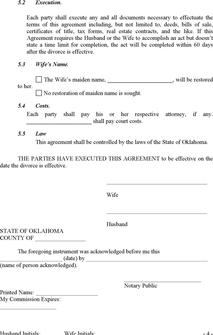 Oklahoma Marital Separation Agreement Form Page 4