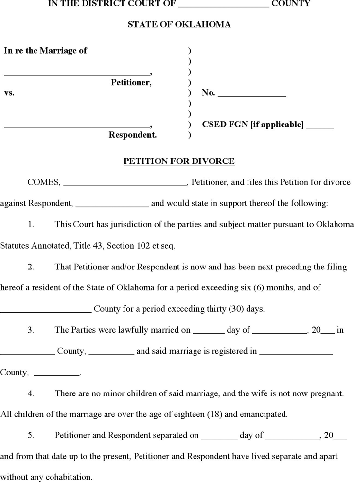 Oklahoma Petition for Divorce Form