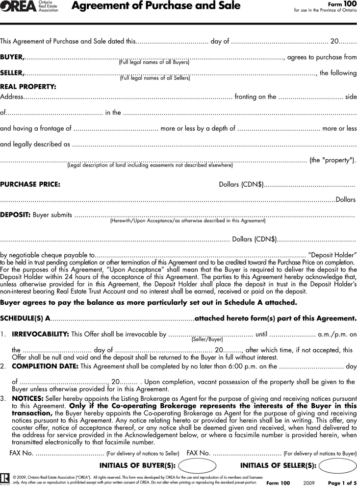Ontario Agreement of Purchase and Sale Form