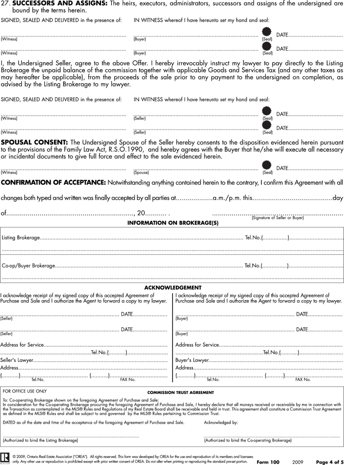 Ontario Agreement of Purchase and Sale Form Page 4