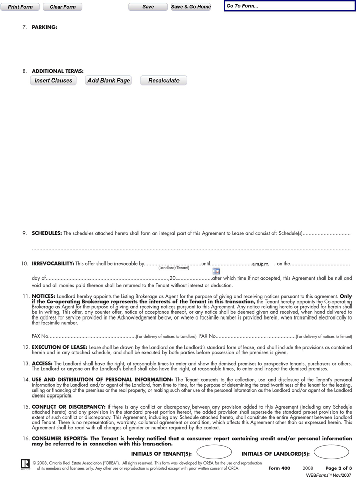 Ontario Agreement to Lease Residential Form Page 2