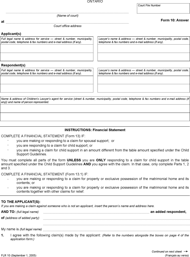 Ontario Answer Form