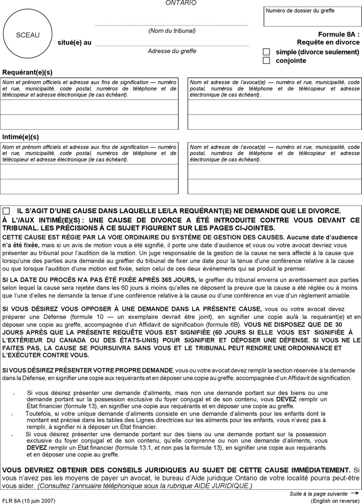 Ontario Application (Divorce) Form Page 2