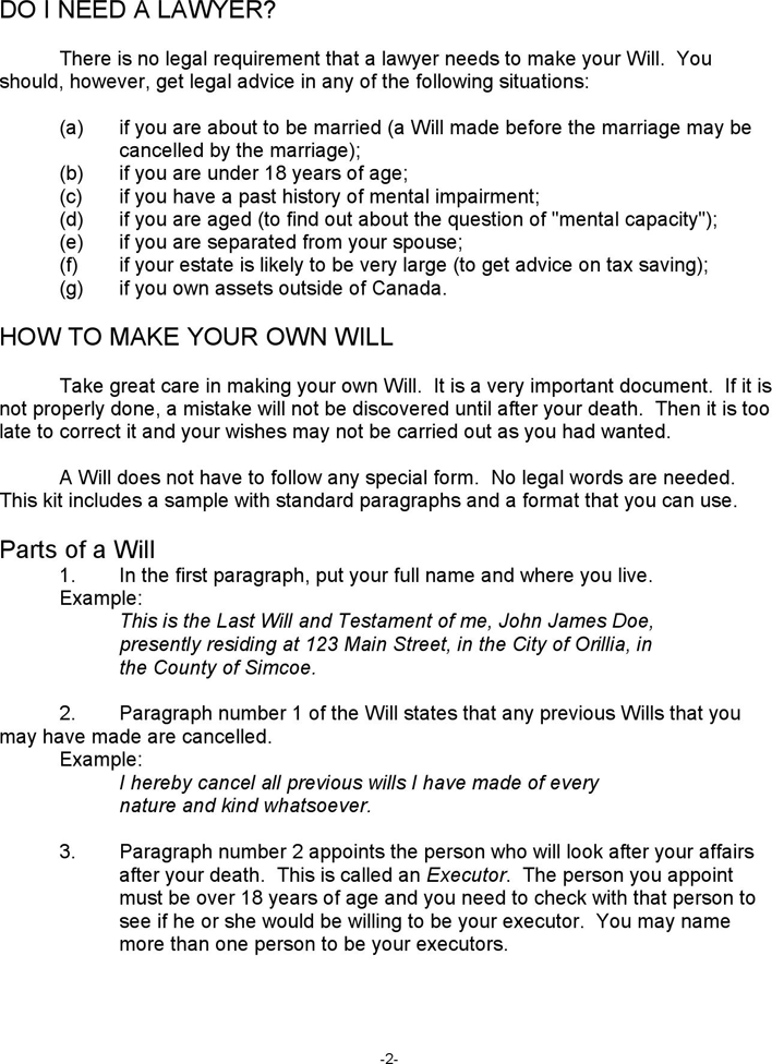 Ontario Last Will and Testament Sample Page 2