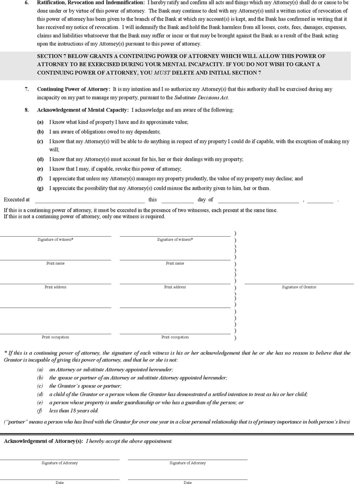 Ontario Power of Attorney for Property Form Page 2