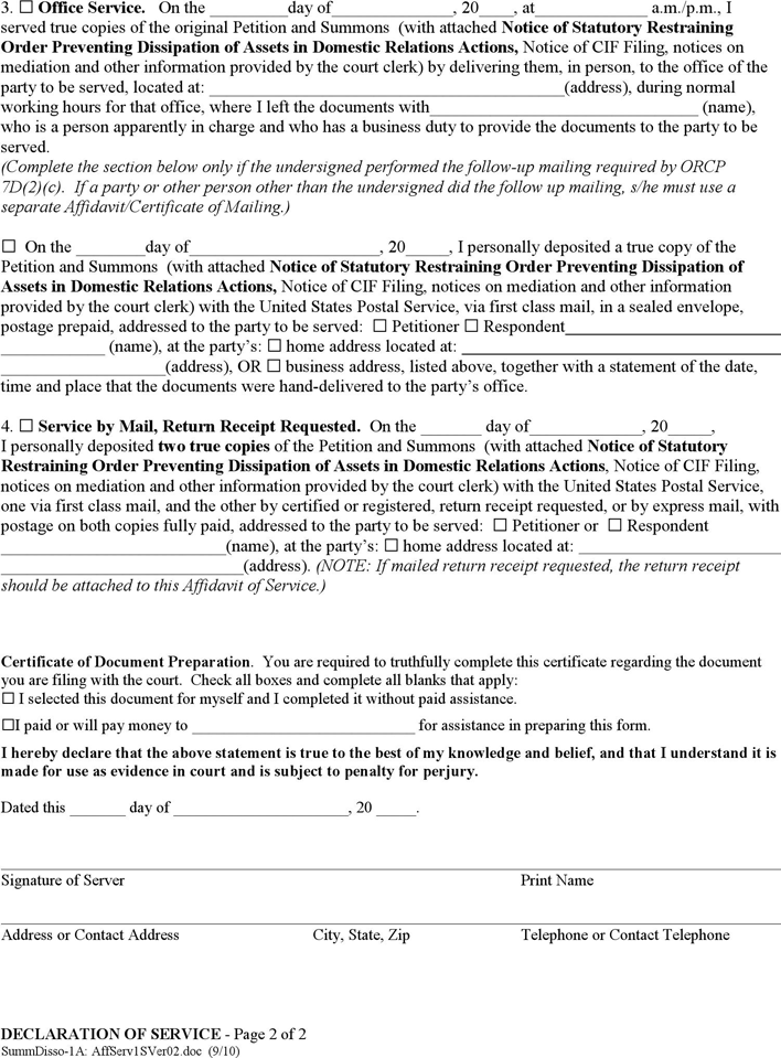 Oregon Declaration of Service Form Page 2