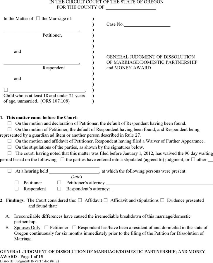 Oregon General Judgment of Dissolution and Money Award (with Children) Form