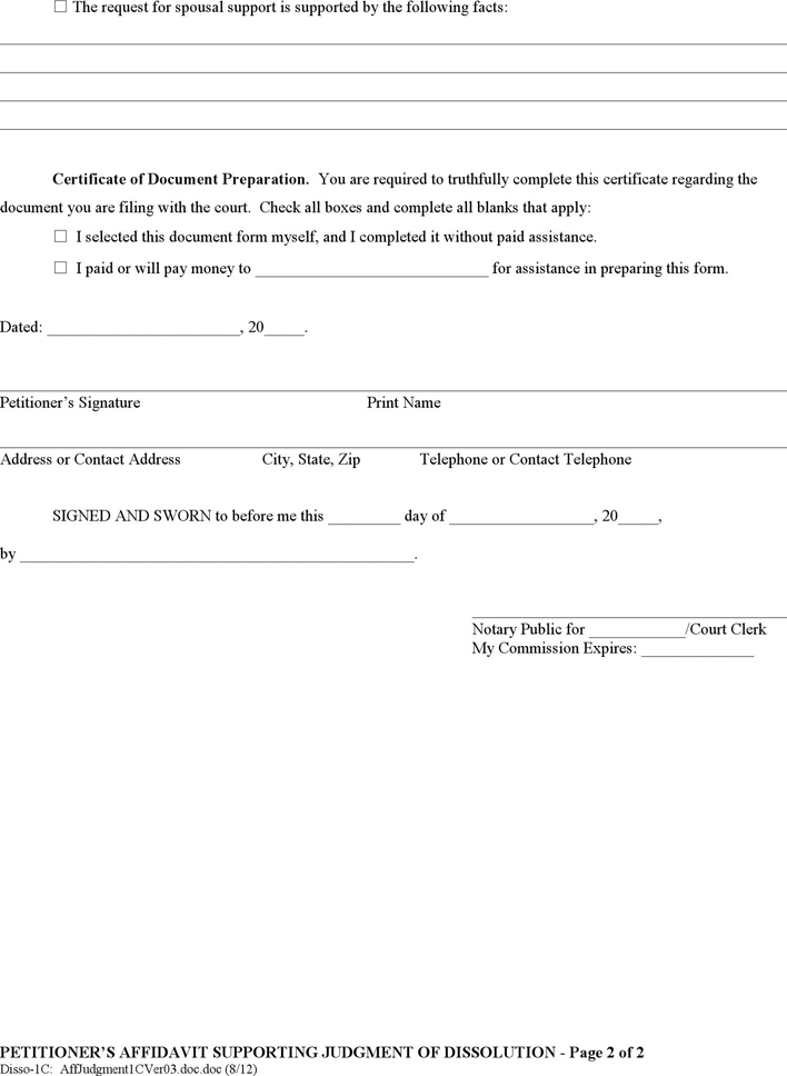 Oregon Petitioner's Affidavit Supporting Judgment of Dissolution (without Children) Form Page 2