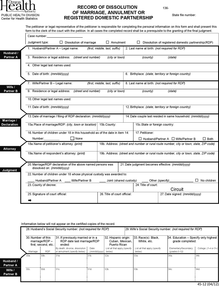 Oregon Record of Dissolution of Marriage, Annulment, or Registered Domestic Partnership-REQUIRED Form