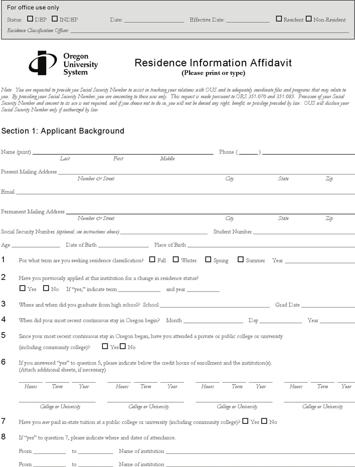 Oregon Residence Information Affidavit Form Page 3