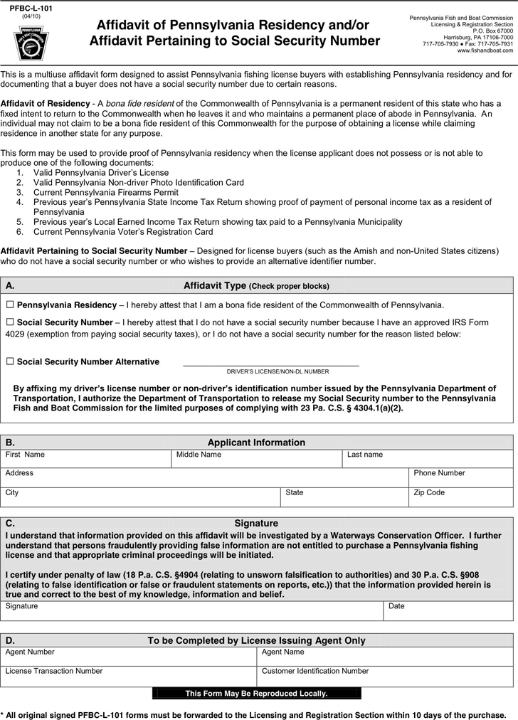 Pennsylvania Affidavit of Residency And/Or Affidavit of Social Security Number