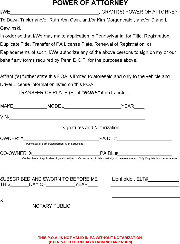 Pennsylvania Motor Vehicle Power of Attorney Form Page 3