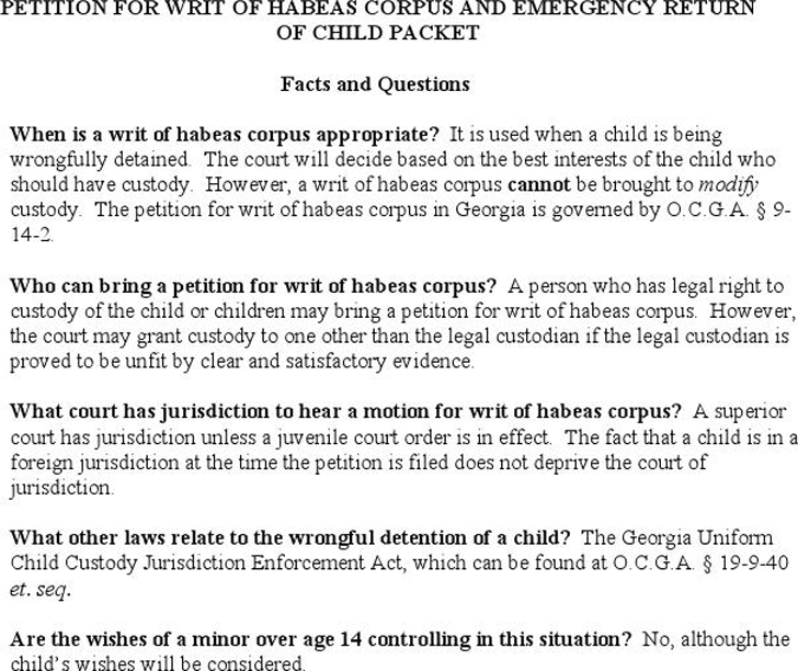 Petition for Writ of Habeas Corpus and Emergency Return of Child Packet