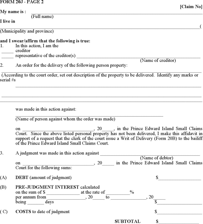 Prince Edward Island Affidavit for Enforcement Request Form Page 2