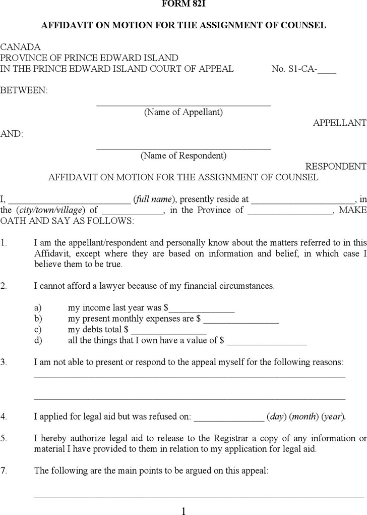 Prince Edward Island Affidavit on Motion for the Assignment of Counsel Form