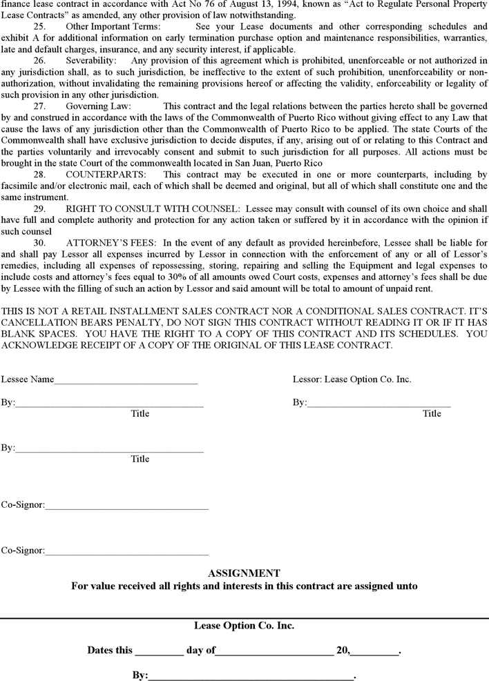 Puerto Rico Vehicle Lease Agreement Form Page 4