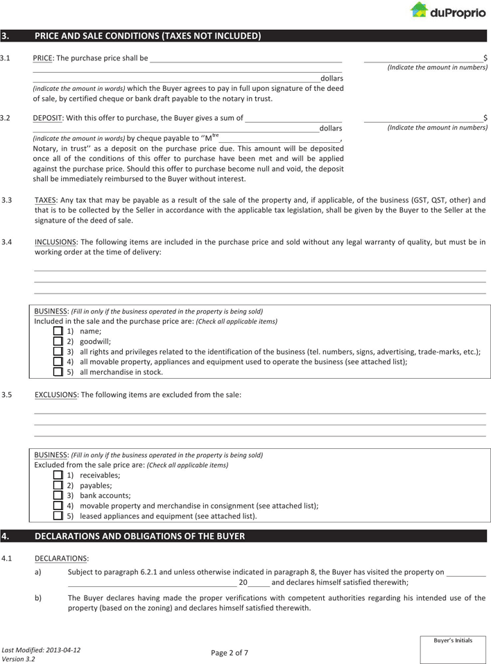 Quebec Offer to Purchase - Commercial Form Page 2