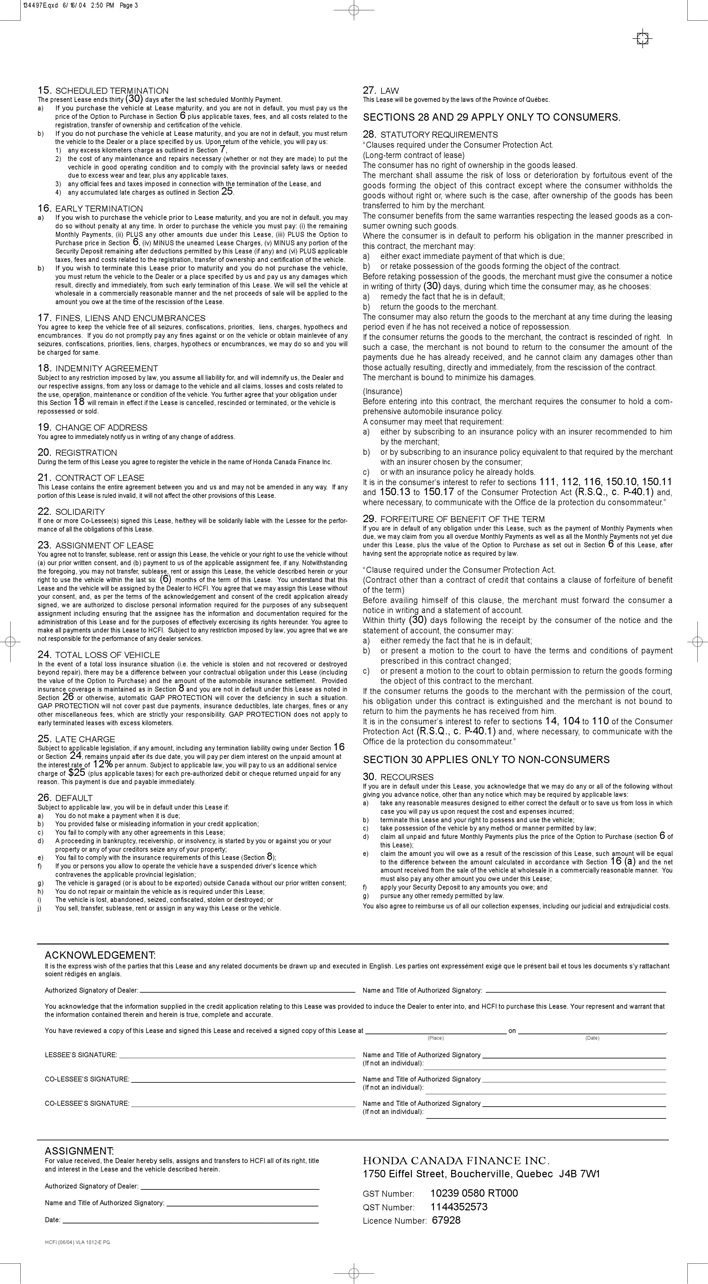Quebec Vehicle Lease Agreement Form Page 3