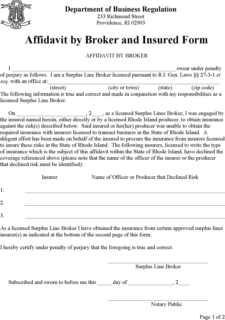 Rhode Island Affidavit by Broker and Insured Form