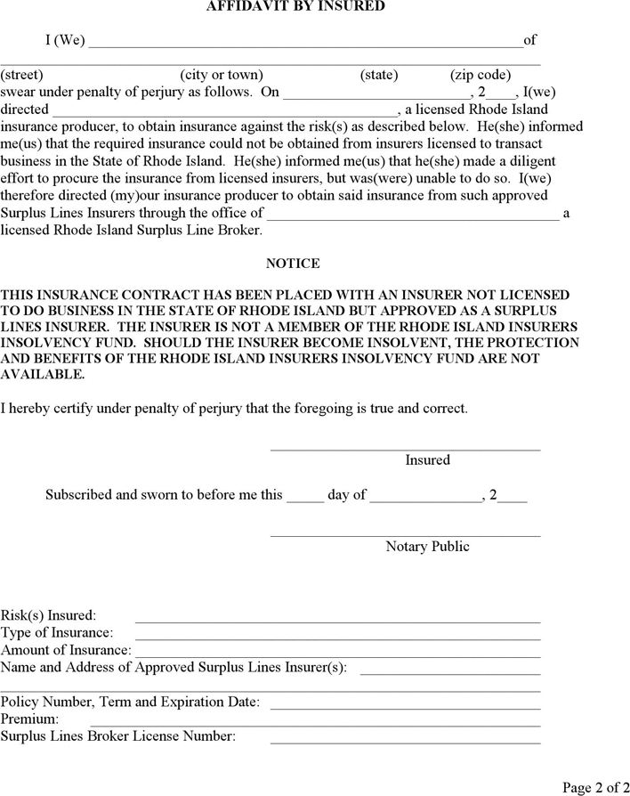 Rhode Island Affidavit by Broker and Insured Form Page 2