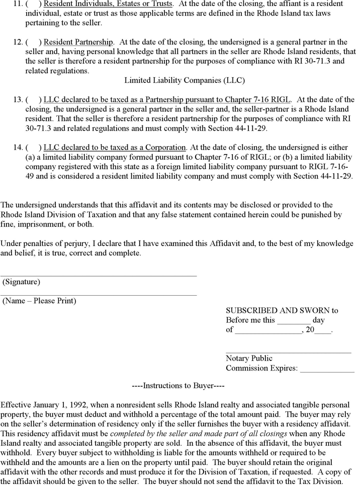 Rhode Island Seller's Residency Affidavit Form Page 2