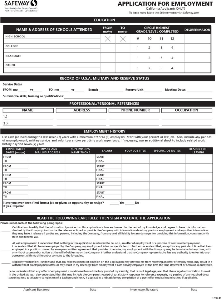 Safeway Job Application (California Applicants ONLY) Page 2