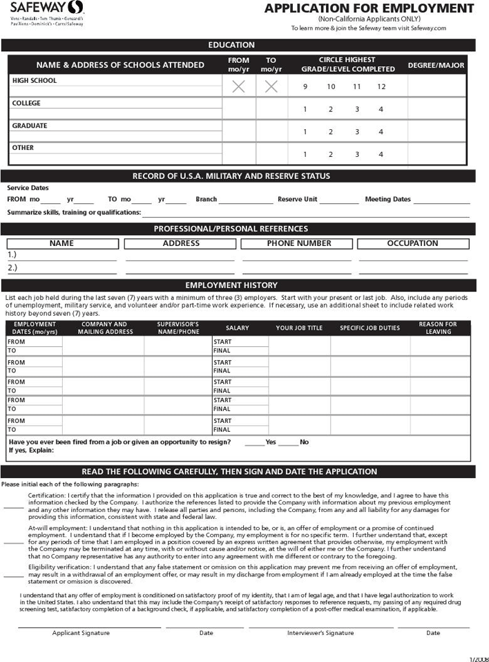 Safeway Job Application (Non-California Applicants ONLY) Page 2