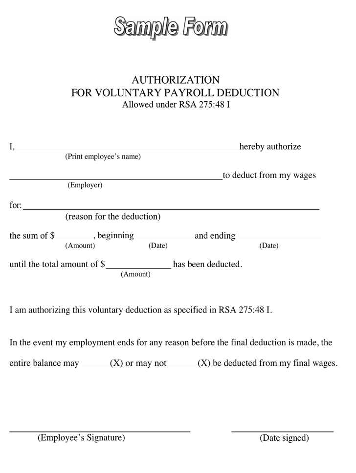 Sample Authorization for Voluntary Payroll Deduction Form