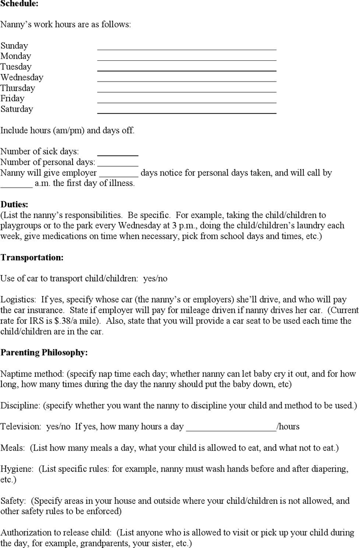 Sample Nanny Contract Page 2