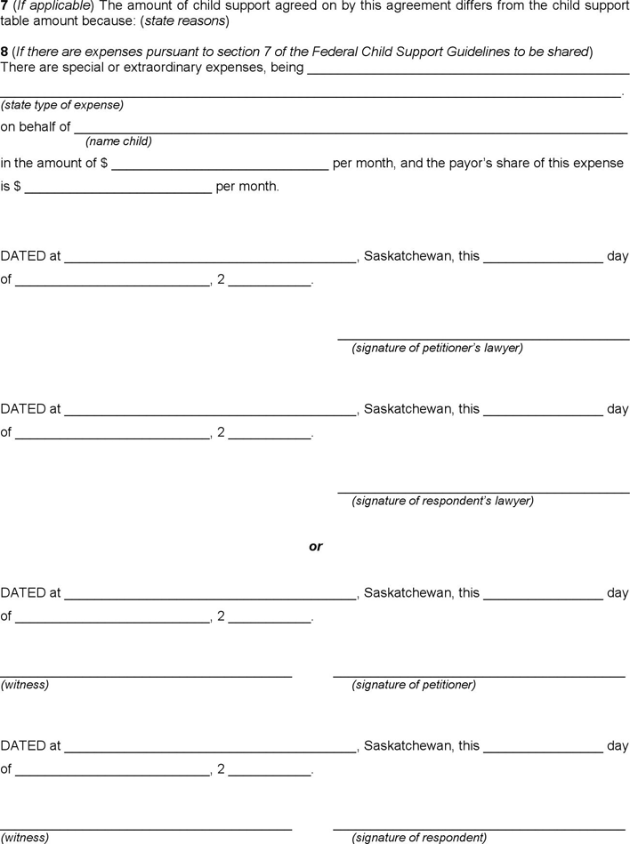Saskatchewan Agreement as to Child Support Form Page 2