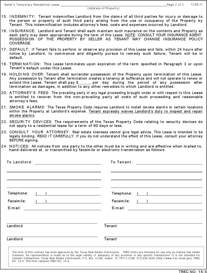 Seller's Temporary Residential Lease Page 2