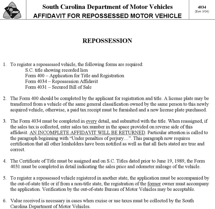 South Carolina Affidavit For Repossessed Motor Vehicle Page 2